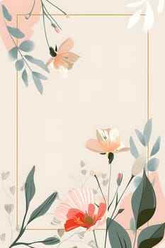 Beautiful background with pastel flowers, leaves and delicate floral border.
