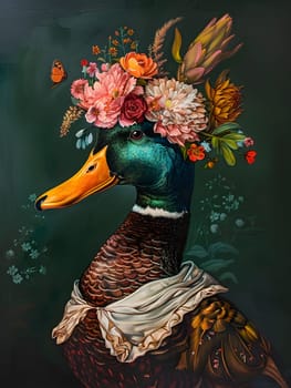 A sophisticated duck adorned with flowers and a vintage outfit against dark background.