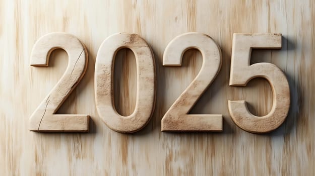 Big wooden numbers forming the year 2025 are standing on a light brown wooden background