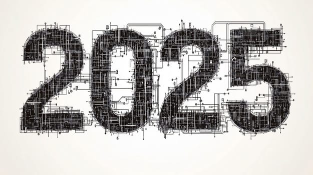 Intricate circuit board pattern forming the year 2025, symbolizing technological advancement