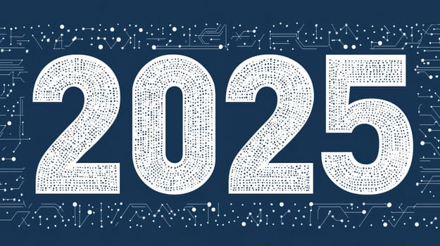 Abstract illustration showing the year 2025 made of dots and surrounded by electronic circuits on a dark blue background