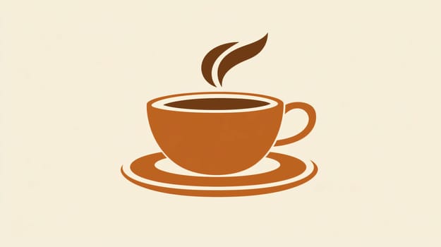 Minimalist illustration of a steaming cup of coffee on a saucer, ideal for representing concepts related to coffee, breakfast, and cafes
