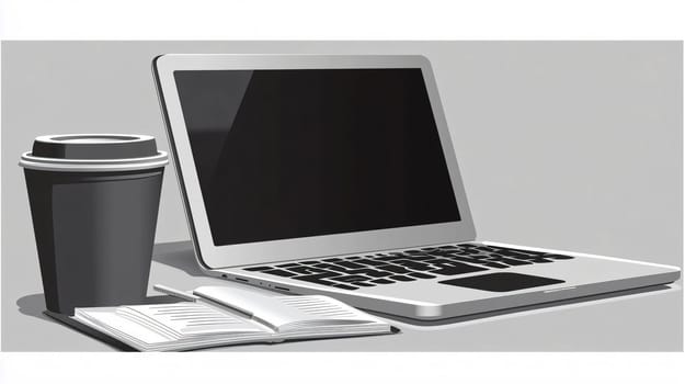 Modern minimalist office workspace setup featuring a laptop, coffee, and a notebook, perfect for showcasing productivity or remote work