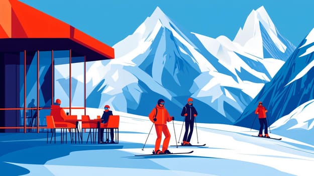 Skiers enjoying the mountain view from a panoramic restaurant
