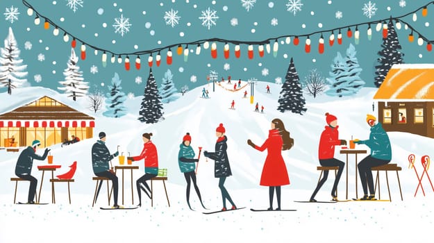 People are enjoying their time drinking and chatting after a skiing session