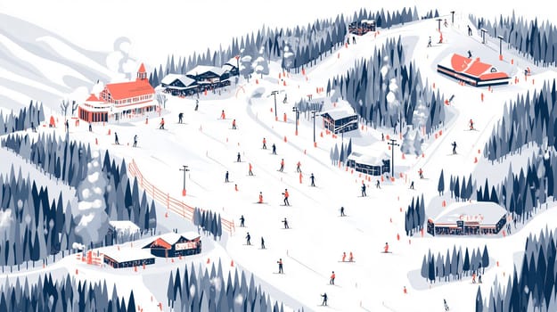 Tourists and athletes enjoying their time in a ski resort, skiing, snowboarding and relaxing in the restaurants