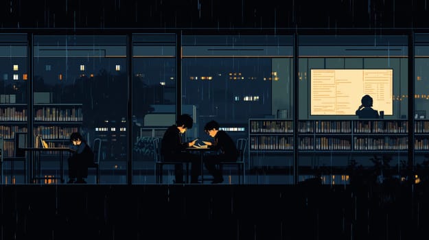 Pixel art illustration of students studying in a library at night, with rain outside the windows