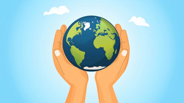 Two hands gently holding a globe against a clear blue sky, symbolizing environmental protection and care