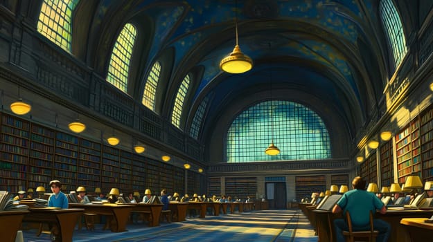 Students sitting at tables and studying in a beautiful university or public library with a vaulted ceiling and large windows