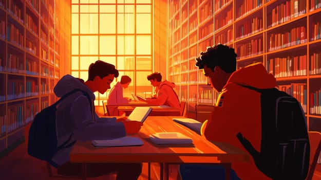 Students are working diligently in a library bathed in warm sunlight