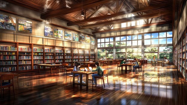 Sunlight is streaming through the large windows of this peaceful library where students are studying