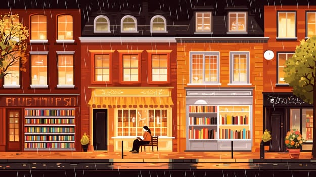 Woman is sitting on a bench outside a bookstore, reading a book on a rainy autumn day
