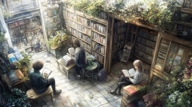 Customers are enjoying a relaxing day browsing books in a cozy bookshop filled with plants