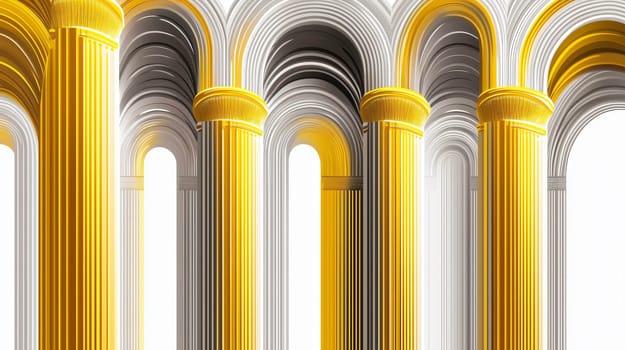 Repeating pattern of minimalist muted yellow and gray arches creates a sense of depth and grandeur