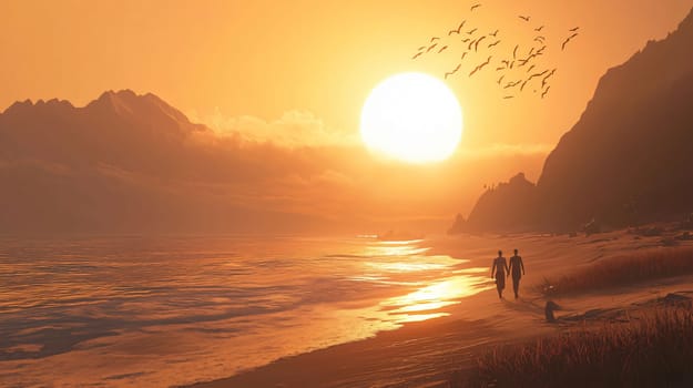 Couple is holding hands walking on the beach at sunset as birds are flying overhead