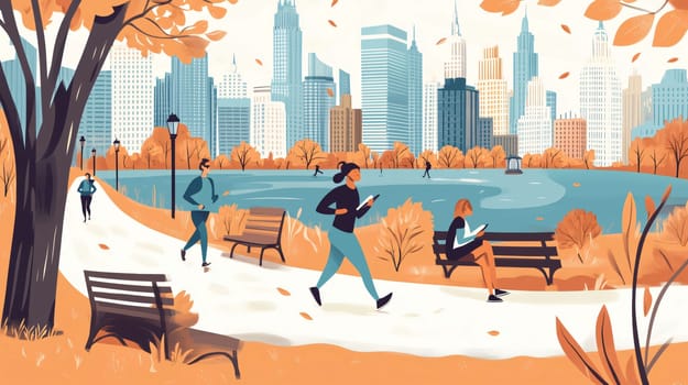 Illustration of people enjoying a sunny autumn day in central park, new york city