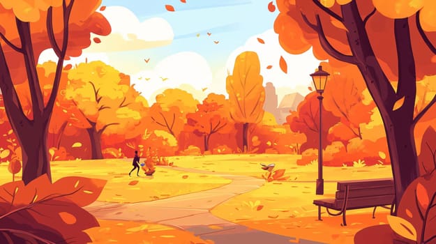 Illustration of a city park in autumn with golden foliage, people walking and a park bench