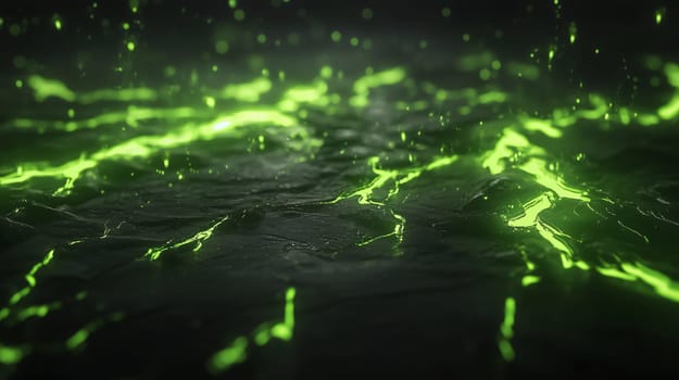 Luminous green liquid flowing through a dark stone surface, creating bright cracks and a captivating visual effect