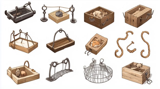 Set of hand drawn illustrations depicting various medieval torture devices, creating a dark and eerie atmosphere