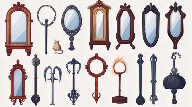 Set of medieval mirrors with ornate frames and magic tools reflecting fantasy world on white background