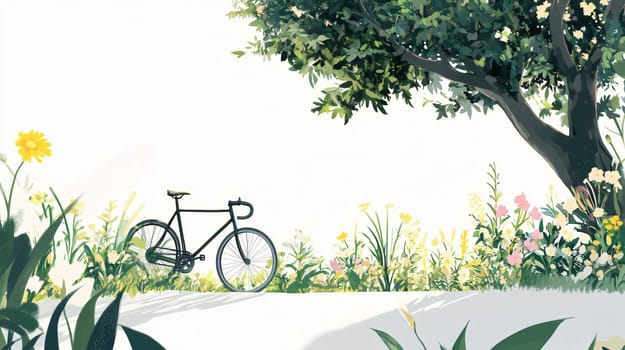 Black bicycle is leaning against a flower bed on a sunny summer day