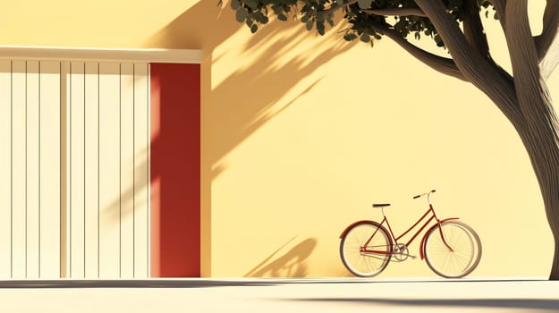 Red bicycle with a thin frame leaning against a yellow wall under a tree, casting a shadow on the ground
