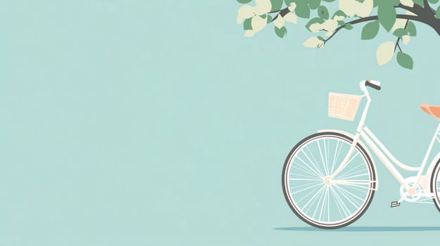 White bicycle with a basket is leaning against a tree on a sunny day