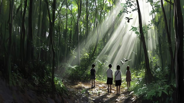 Four friends are enjoying a hike in the forest as they're illuminated by sun rays