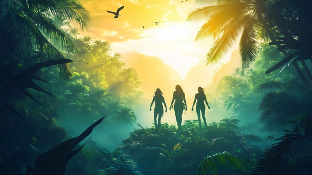 Three female adventurers are making their way through a dense tropical jungle at sunset