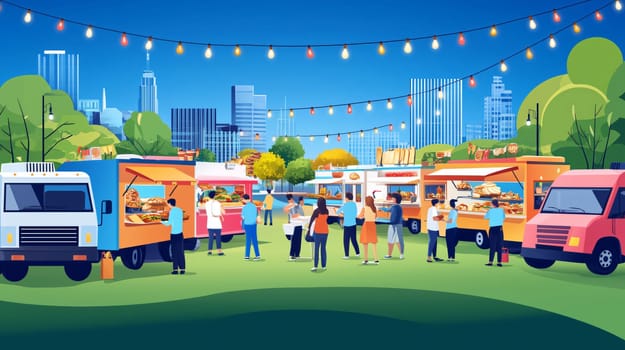 Customers ordering meals from food trucks during a street food festival in a city park