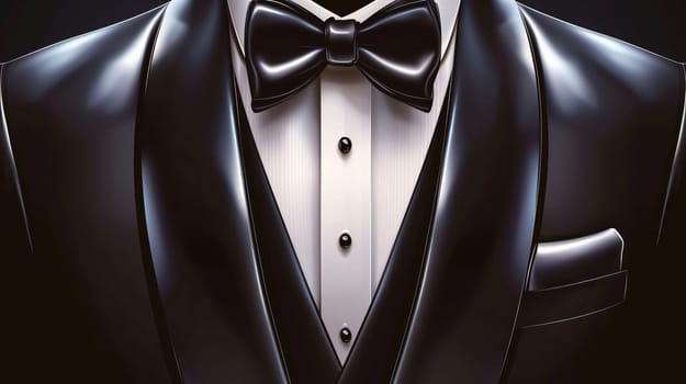 Man is wearing a tuxedo with a bow tie, perfect for a formal event or celebration