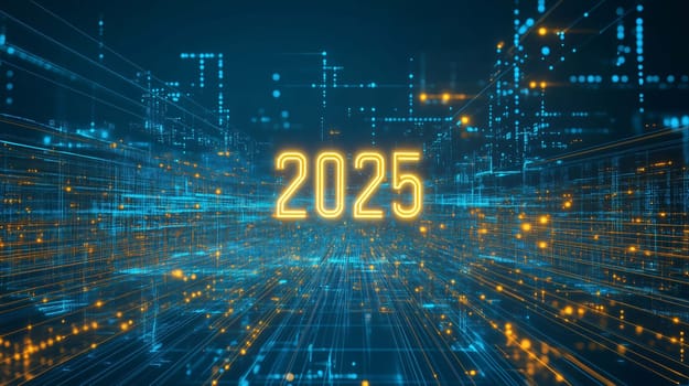Futuristic abstract background showing year 2025 glowing in cyberspace