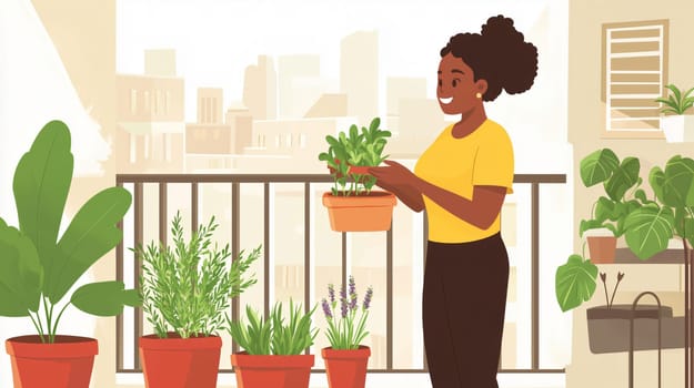 Woman is taking care of her plants on a balcony with a city view