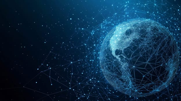 Abstract polygonal planet earth rotating in cyberspace, a network communications concept