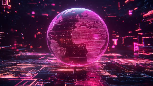 Planet earth is rotating over a motherboard showing futuristic technology and digitalization