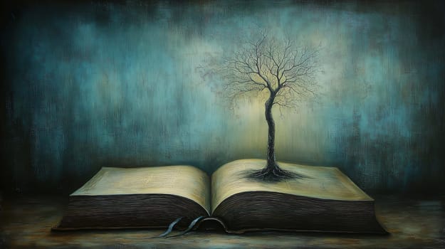Surreal painting illustration of a tree growing from an open book on a wooden surface