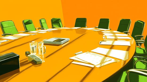 Illustration of a large conference table in a corporate boardroom awaiting the arrival of businesspeople for an important meeting