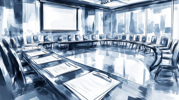 Illustration of an empty conference room with a large table, chairs, and documents laid out, rendered in a loose sketch style