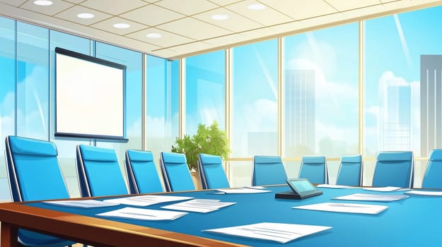 Empty conference room in a modern office building is bathed in sunlight with blue chairs, a large table, and a blank projector screen
