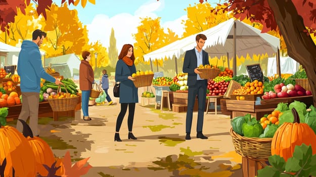 Customers are selecting fresh produce from a variety of fruit and vegetables on display at an outdoor farmers market