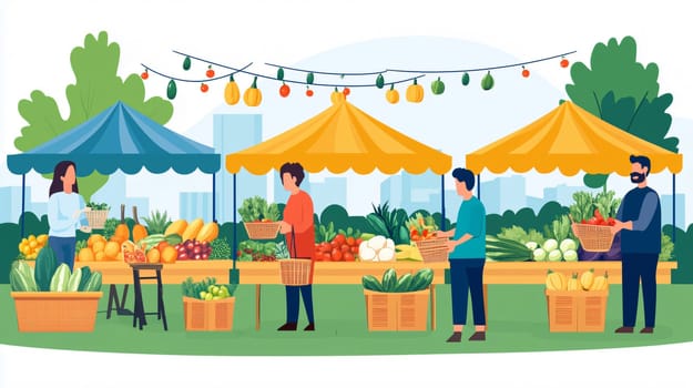 Customers holding wicker baskets and buying produce from farmers market stalls selling fresh fruit and vegetables