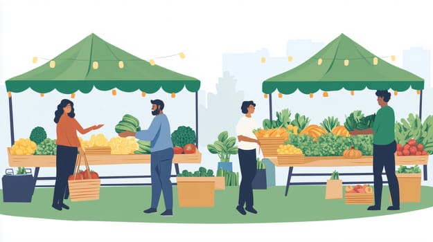 People buying fresh organic vegetables from local farmer at outdoor market