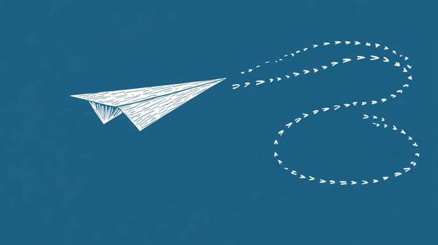 Simple white paper airplane is flying leaving a dotted trail on a blue background