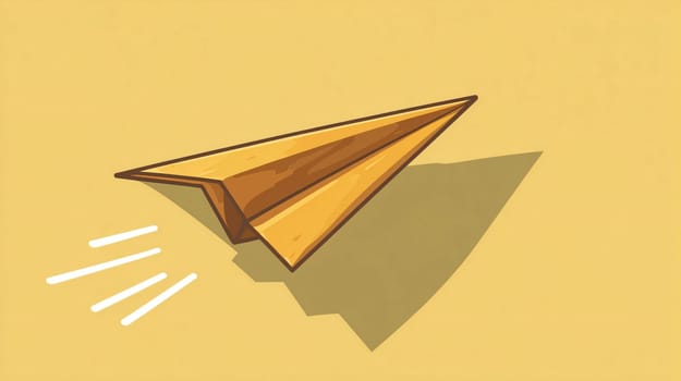 Paper airplane is flying upwards casting a shadow on a yellow background