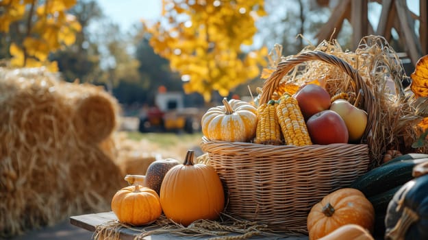 Wicker basket overflowing with pumpkins, apples, and corn, celebrating the abundance of the fall harvest season