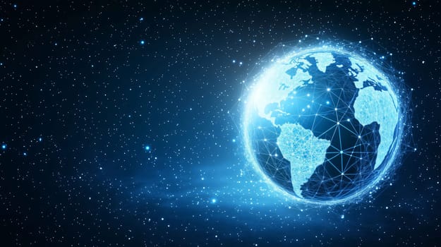 Digital world concept with planet earth glowing and covered by network mesh on blue space background