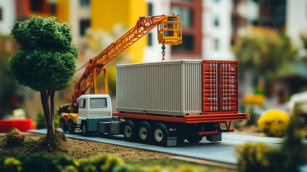 Miniature model of a construction site showing an orange crane lifting a white intermodal container onto a flatbed truck