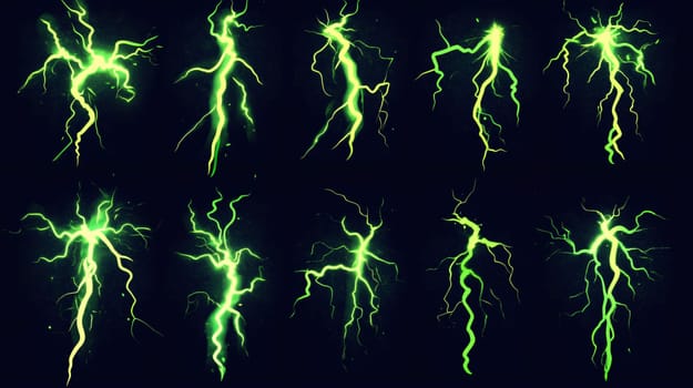Set of ten green lightning visual effect elements striking on a dark background