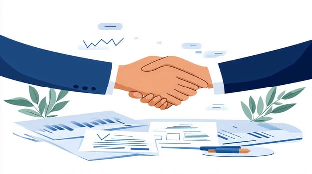 Two businessmen shaking hands after reaching business agreement and signing contract in office