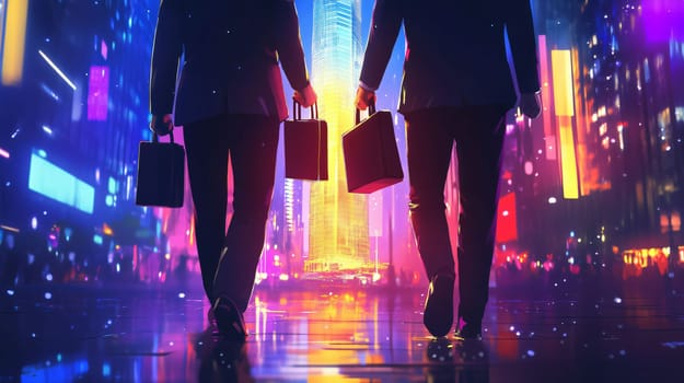 Two businessmen are walking through a futuristic cyberpunk city holding briefcases